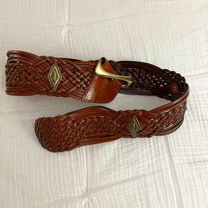 Saks Fifth Avenue Brown Braided Italian Leather Belt Gold Buckle &Accents Size M